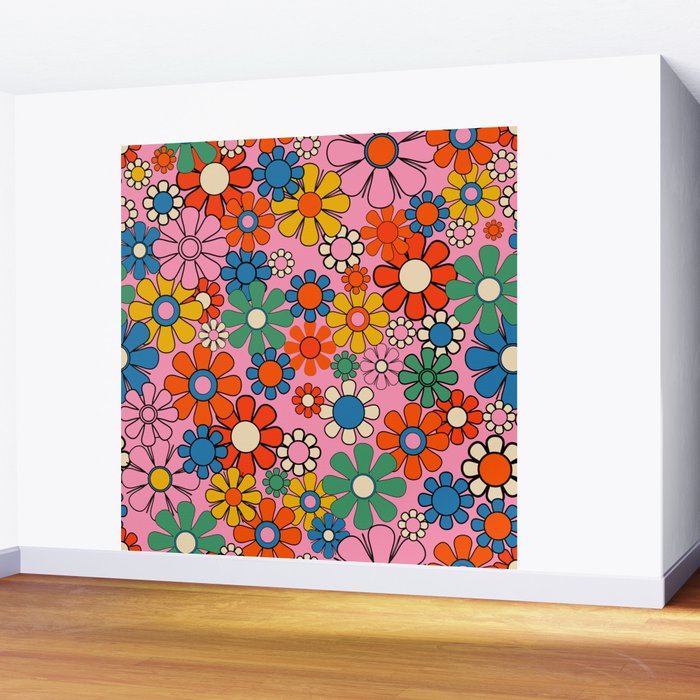 Groovy Floral Retro Garden Bold and Colorful 60s 70s Flower Pattern with Pink Wall Mural Gallery Image 2