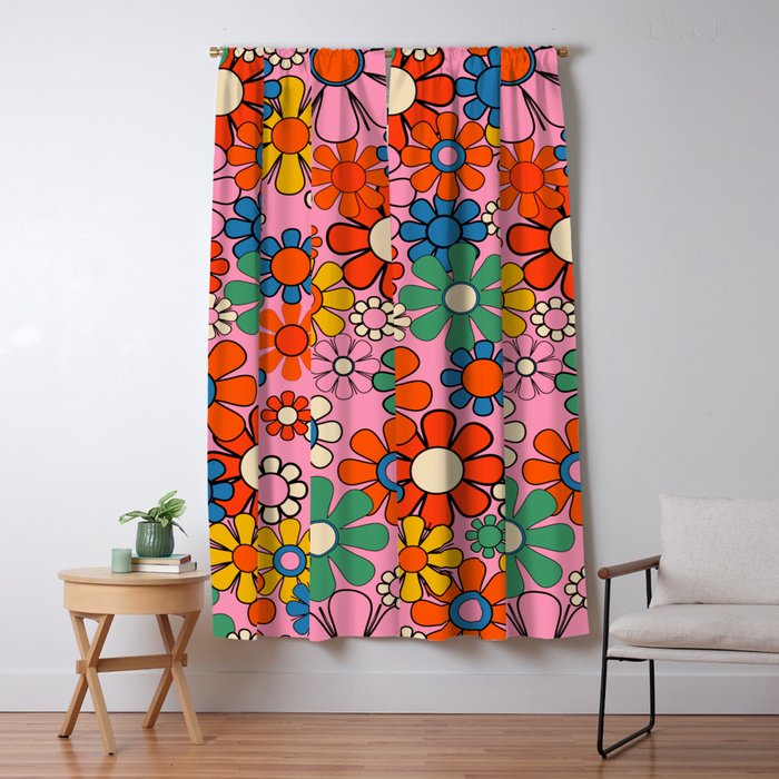 Groovy Floral Retro Garden Bold and Colorful 60s 70s Flower Pattern with Pink Window Curtain Gallery Image 1