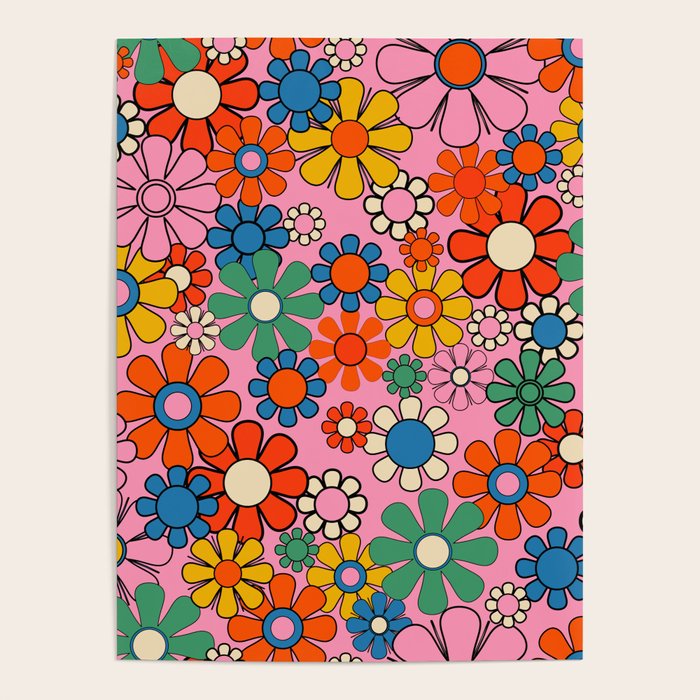 Groovy Floral Retro Garden Bold and Colorful 60s 70s Flower Pattern with Pink Poster Gallery Image 4