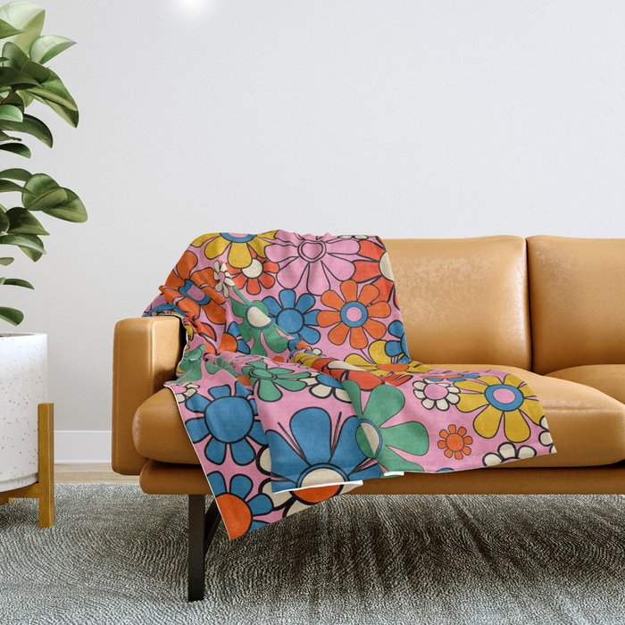 Groovy Floral Retro Garden Bold and Colorful 60s 70s Flower Pattern with Pink Throw Blanket Gallery Image 1