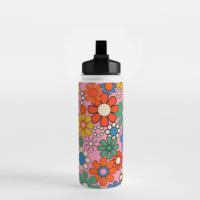 Groovy Floral Retro Garden Bold and Colorful 60s 70s Flower Pattern with Pink Water Bottle Gallery Image 2