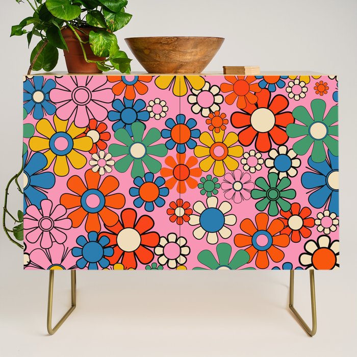 Groovy Floral Retro Garden Bold and Colorful 60s 70s Flower Pattern with Pink Credenza Gallery Image 1