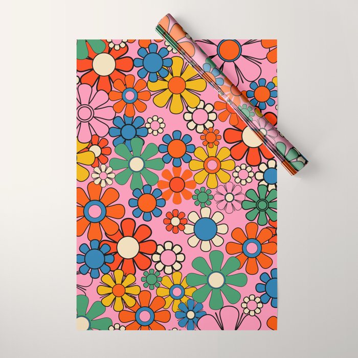 Groovy Floral Retro Garden Bold and Colorful 60s 70s Flower Pattern with Pink Wrapping Paper Gallery Image 1