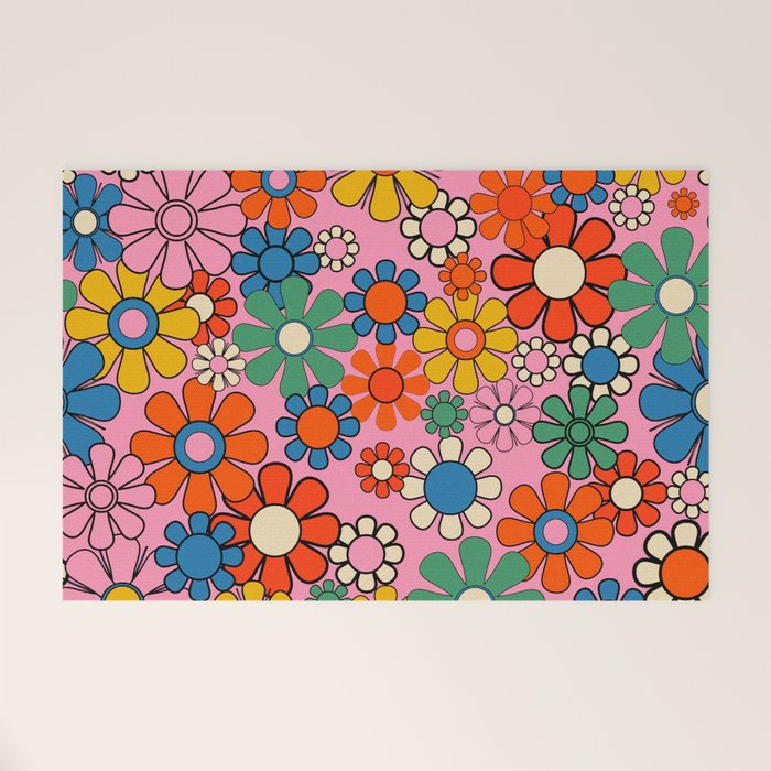 Groovy Floral Retro Garden Bold and Colorful 60s 70s Flower Pattern with Pink Welcome Mat Gallery Image 1