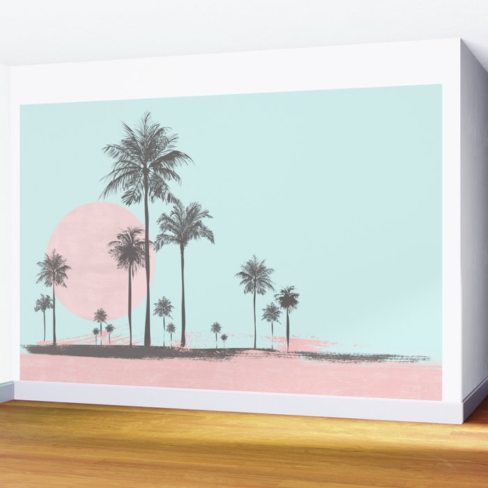 Beachfront palm tree soft pastel sunset graphic Wall Mural Gallery Image 2