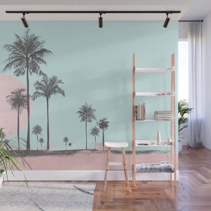 Beachfront palm tree soft pastel sunset graphic Wall Mural Gallery Image 1