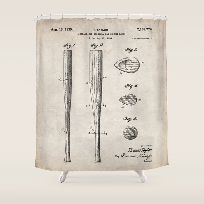 Baseball Bat Patent - Baseball Art - Antique Shower Curtain Gallery Image 1