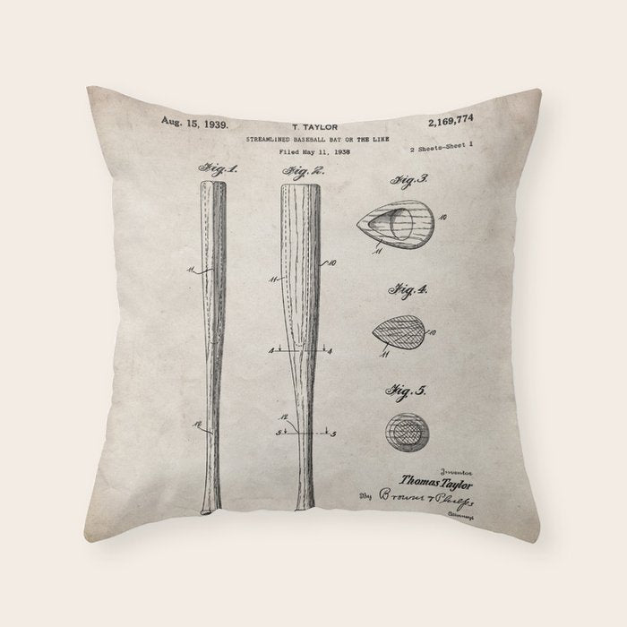 Baseball Bat Patent - Baseball Art - Antique Throw Pillow Gallery Image 6