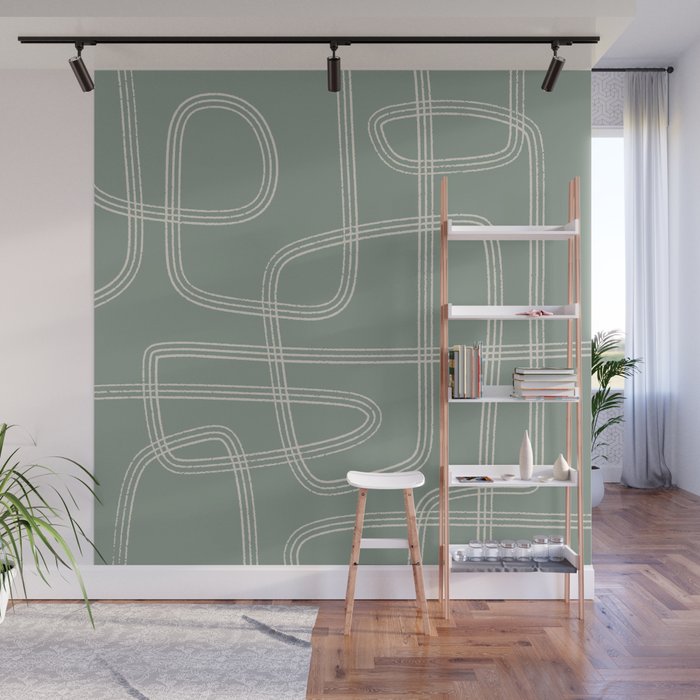 Modern Sage Green Abstract Scribble Wall Mural Gallery Image 1