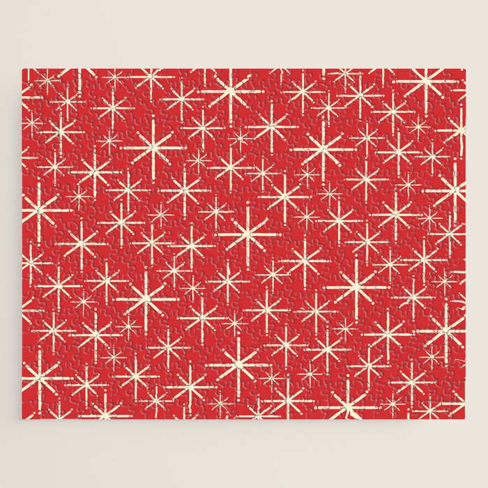 Atomic Age Christmas Stars - Midcentury Modern Pattern in Cream and Retro Xmas Red Jigsaw Puzzle Gallery Image 1