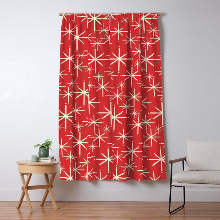 Atomic Age Christmas Stars - Midcentury Modern Pattern in Cream and Retro Xmas Red Window Curtain Gallery Image 1