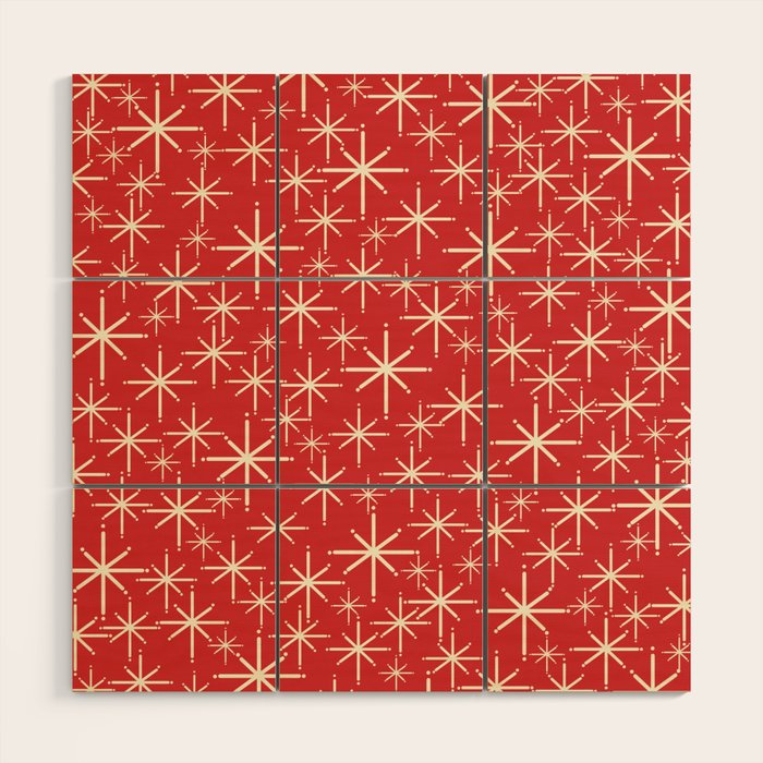 Atomic Age Christmas Stars - Midcentury Modern Pattern in Cream and Retro Xmas Red Wood Wall Art Gallery Image 1