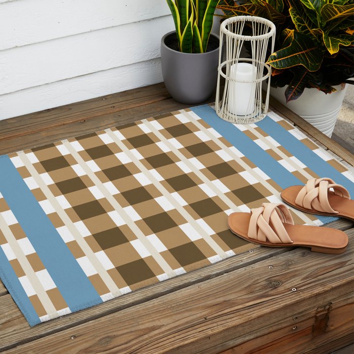 Camel Blue Modern Plaid Outdoor Rug Gallery Image 2