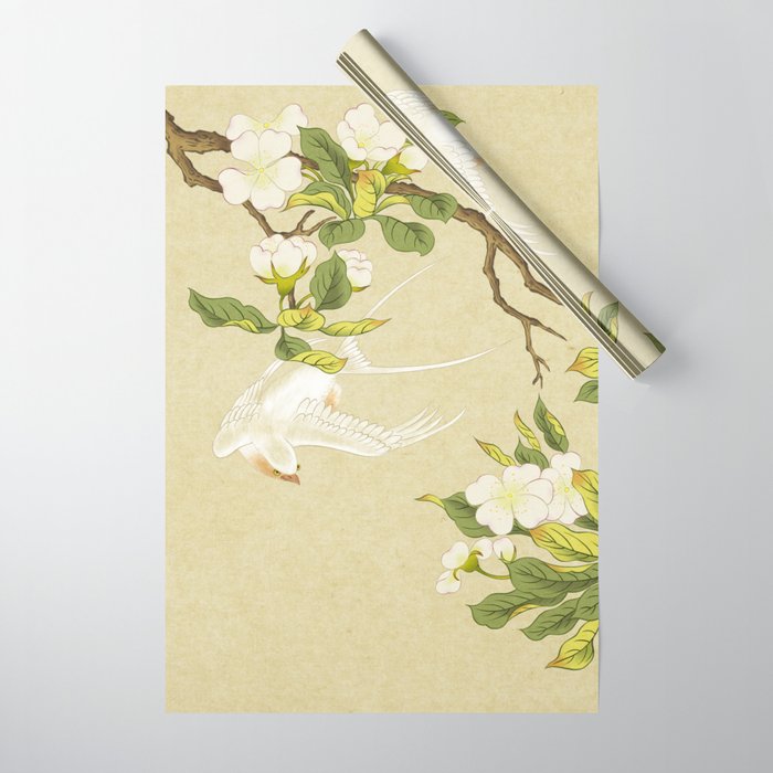Pear blossoms and white swallow Type A: Minhwa-Korean traditional/folk art Wrapping Paper Gallery Image 1