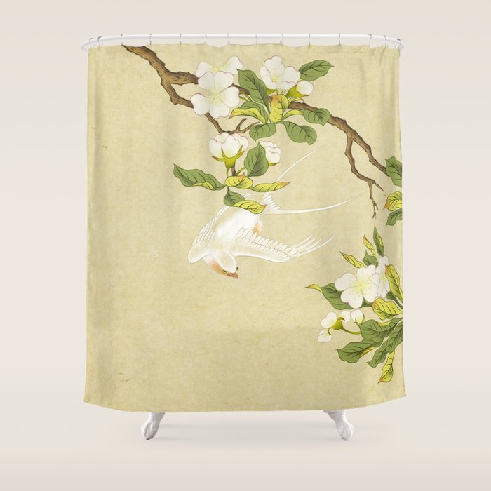 Pear blossoms and white swallow Type A: Minhwa-Korean traditional/folk art Shower Curtain Gallery Image 1
