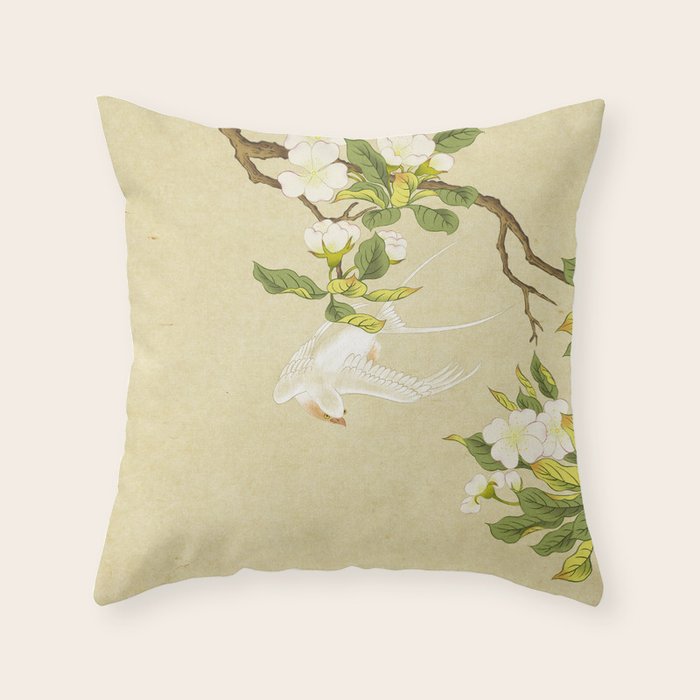 Pear blossoms and white swallow Type A: Minhwa-Korean traditional/folk art Throw Pillow Gallery Image 1