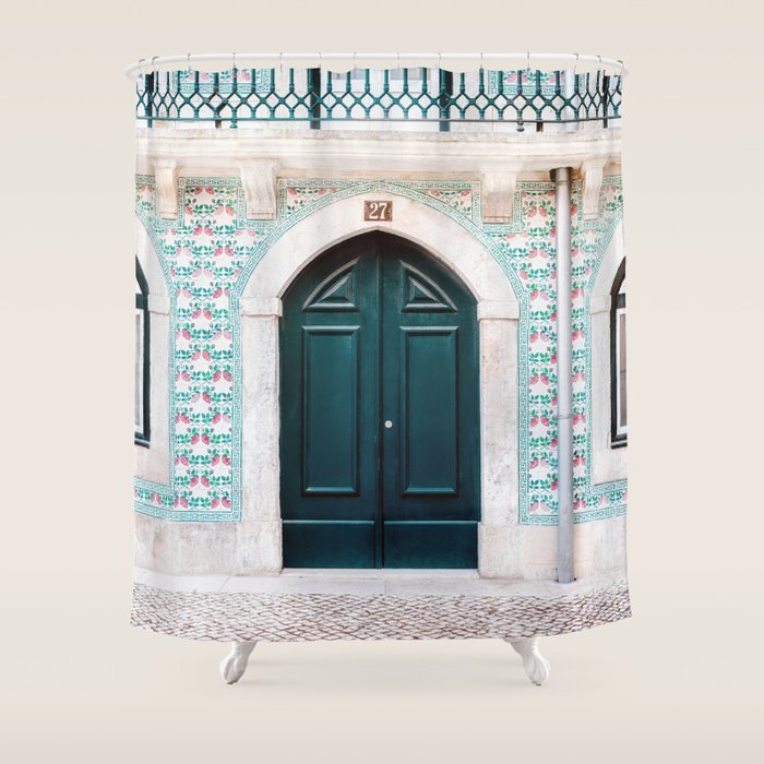 The green door | Lisbon Portugal architecture | Fine art travel photography print Shower Curtain Gallery Image 1