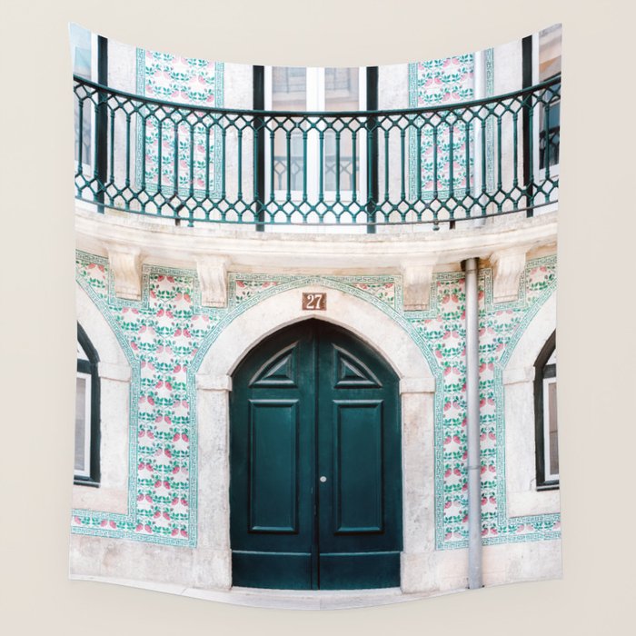 The green door | Lisbon Portugal architecture | Fine art travel photography print Wall Tapestry Gallery Image 1