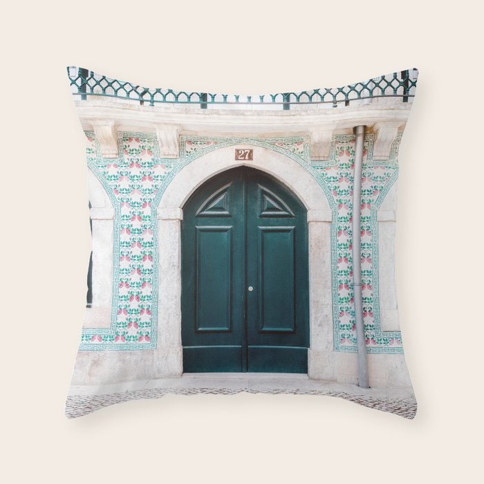 The green door | Lisbon Portugal architecture | Fine art travel photography print Throw Pillow Gallery Image 1