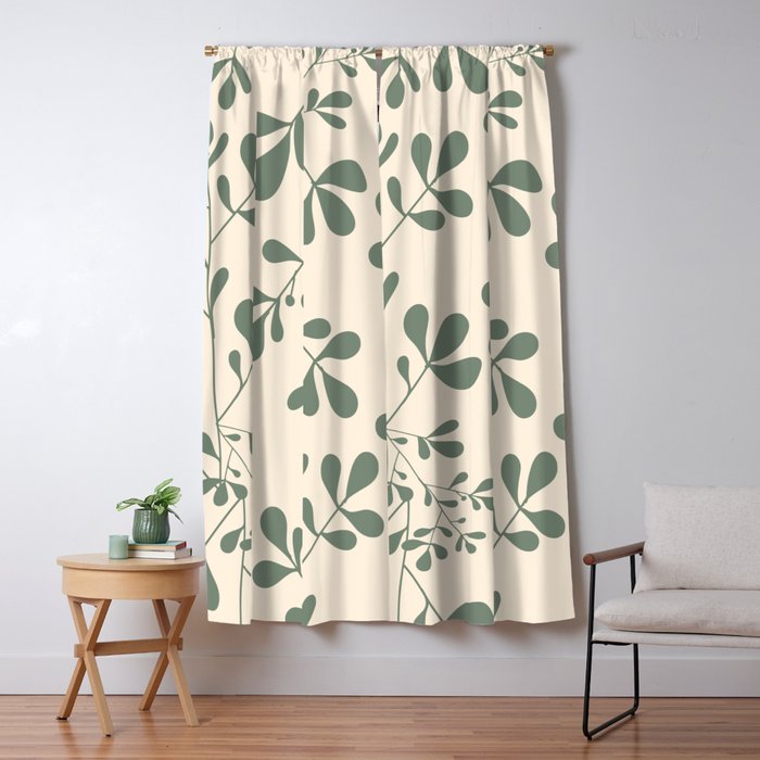 Abstract Leaves Print, Ivory and Green Window Curtain Gallery Image 5