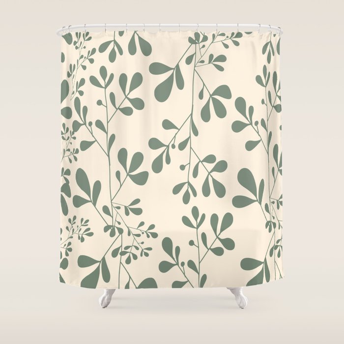Abstract Leaves Print, Ivory and Green Shower Curtain Gallery Image 1