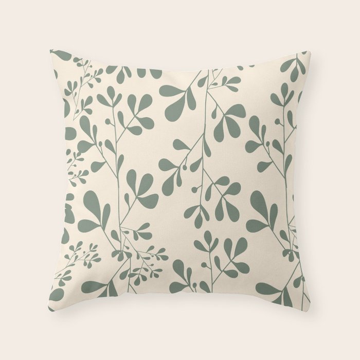 Abstract Leaves Print, Ivory and Green Throw Pillow Gallery Image 1