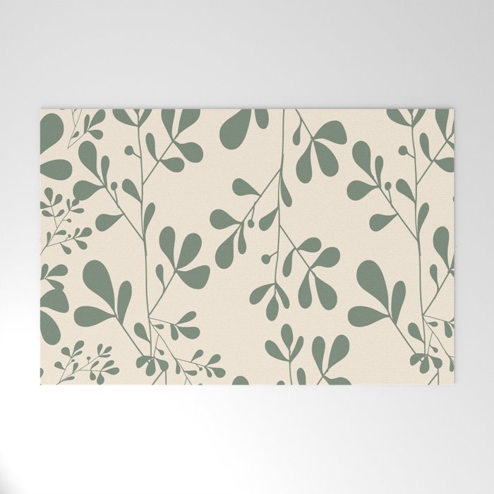 Abstract Leaves Print, Ivory and Green Welcome Mat Gallery Image 1