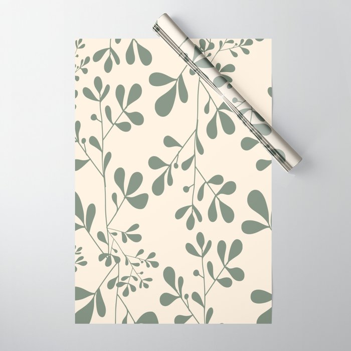 Abstract Leaves Print, Ivory and Green Wrapping Paper Gallery Image 1