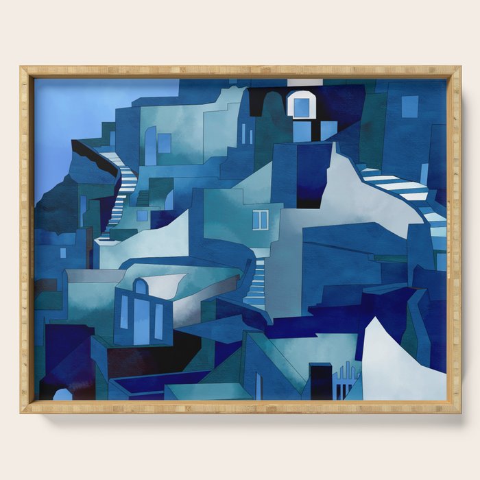 greece santorini abstract illustration Serving Tray Gallery Image 1