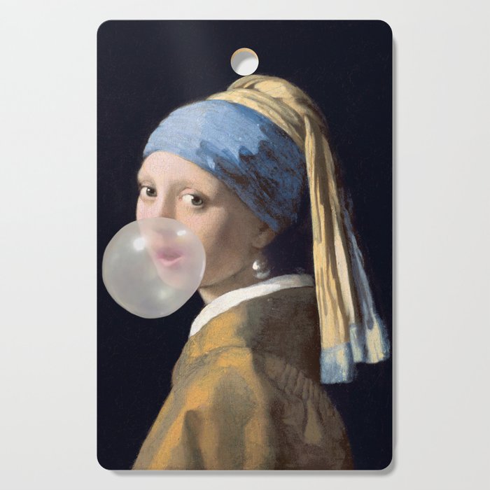 Girl with pearl earring blowing bubble gum Cutting Board Gallery Image 1