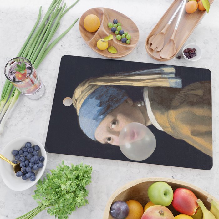 Girl with pearl earring blowing bubble gum Cutting Board Gallery Image 2