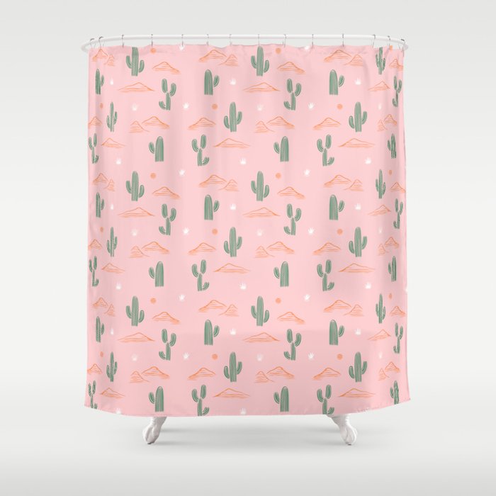 Retro hand drawn cactus plant pattern Shower Curtain Gallery Image 1