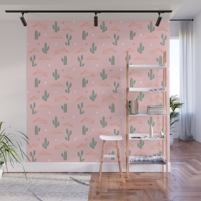 Retro hand drawn cactus plant pattern Wall Mural Gallery Image 1