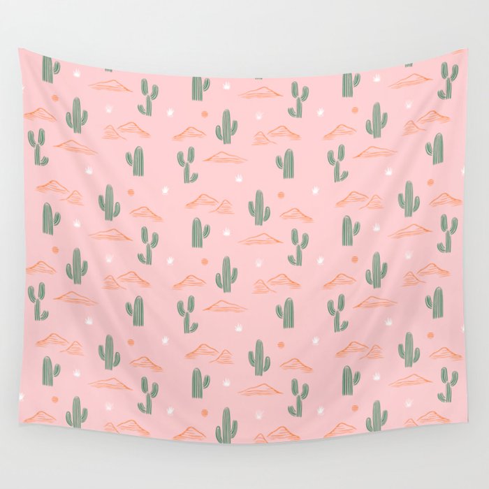 Retro hand drawn cactus plant pattern Wall Tapestry Gallery Image 4