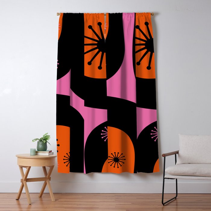 Mid Century Modern Atomic Groove Funky Retro 50s 60s Abstract Hot Pink Orange Black Window Curtain Gallery Image 5