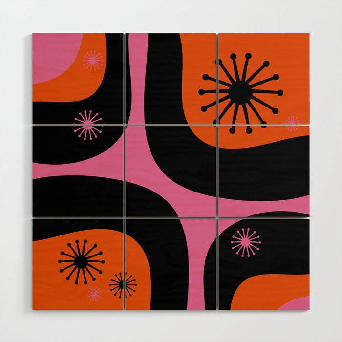 Mid Century Modern Atomic Groove Funky Retro 50s 60s Abstract Hot Pink Orange Black Wood Wall Art Gallery Image 1