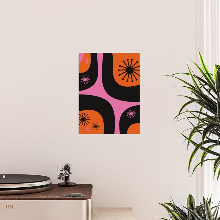 Mid Century Modern Atomic Groove Funky Retro 50s 60s Abstract Hot Pink Orange Black Poster Gallery Image 2