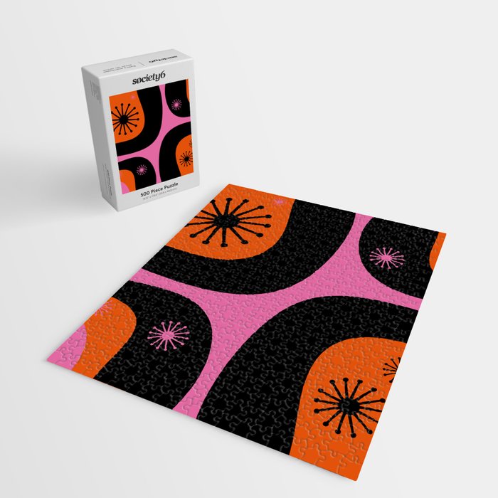 Mid Century Modern Atomic Groove Funky Retro 50s 60s Abstract Hot Pink Orange Black Jigsaw Puzzle Gallery Image 2