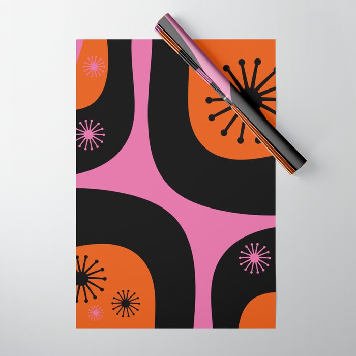 Mid Century Modern Atomic Groove Funky Retro 50s 60s Abstract Hot Pink Orange Black Wrapping Paper Gallery Image 1