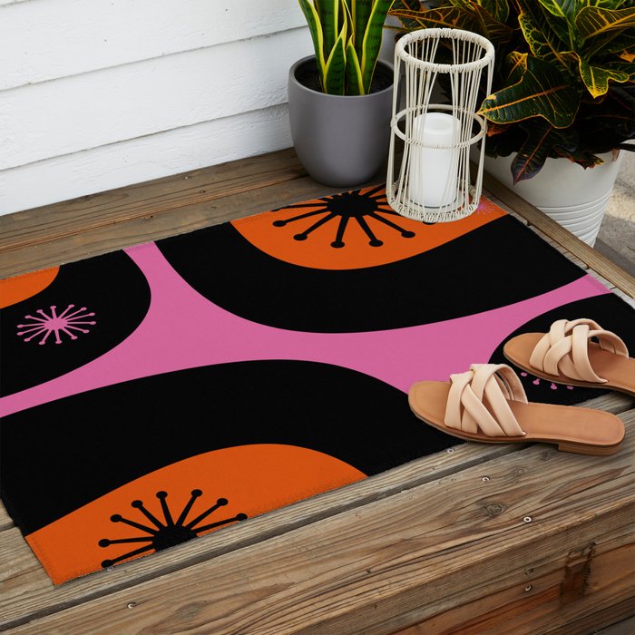 Mid Century Modern Atomic Groove Funky Retro 50s 60s Abstract Hot Pink Orange Black Outdoor Rug Gallery Image 2