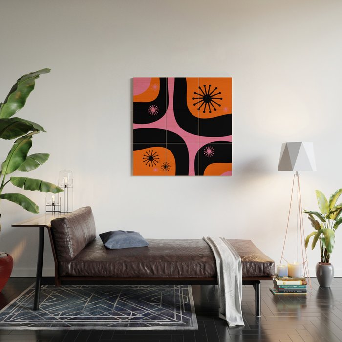 Mid Century Modern Atomic Groove Funky Retro 50s 60s Abstract Hot Pink Orange Black Wood Wall Art Gallery Image 2