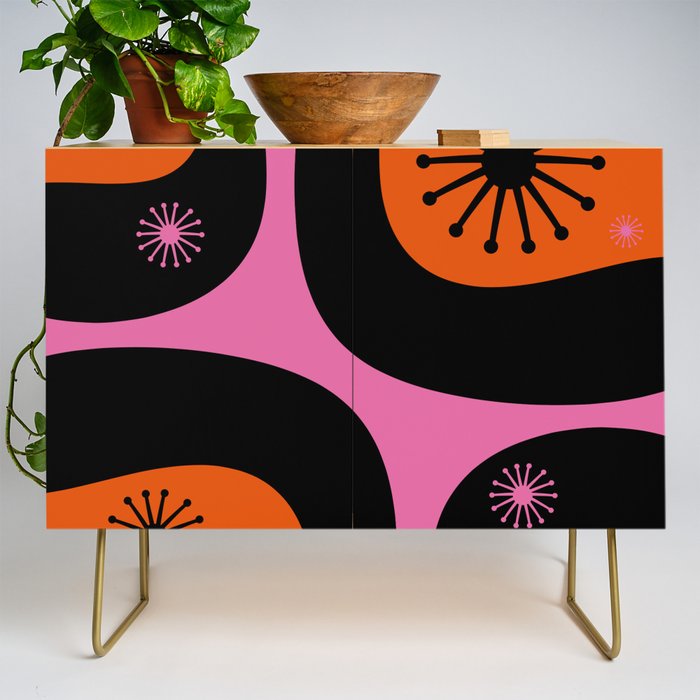 Mid Century Modern Atomic Groove Funky Retro 50s 60s Abstract Hot Pink Orange Black Credenza Gallery Image 1
