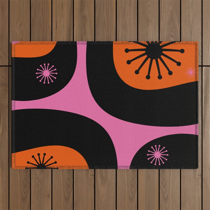 Mid Century Modern Atomic Groove Funky Retro 50s 60s Abstract Hot Pink Orange Black Outdoor Rug Gallery Image 1