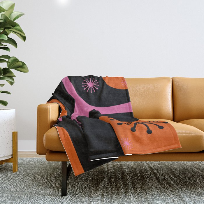 Mid Century Modern Atomic Groove Funky Retro 50s 60s Abstract Hot Pink Orange Black Throw Blanket Gallery Image 1
