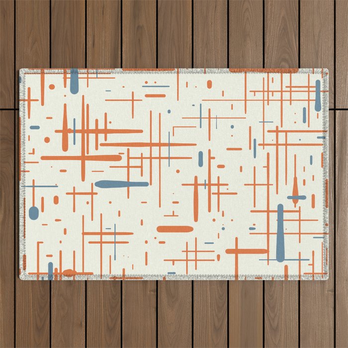 Mid-Century Modern Kinetikos Pattern Orange Teal Cream Outdoor Rug Gallery Image 1