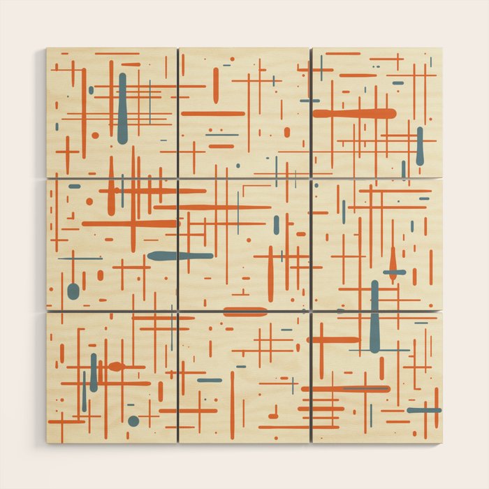 Mid-Century Modern Kinetikos Pattern Orange Teal Cream Wood Wall Art Gallery Image 1