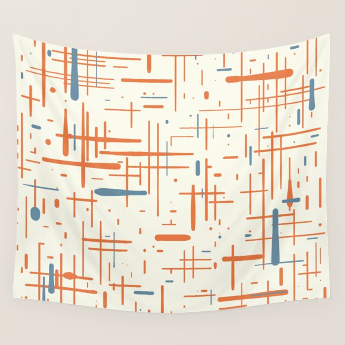 Mid-Century Modern Kinetikos Pattern Orange Teal Cream Wall Tapestry Gallery Image 4