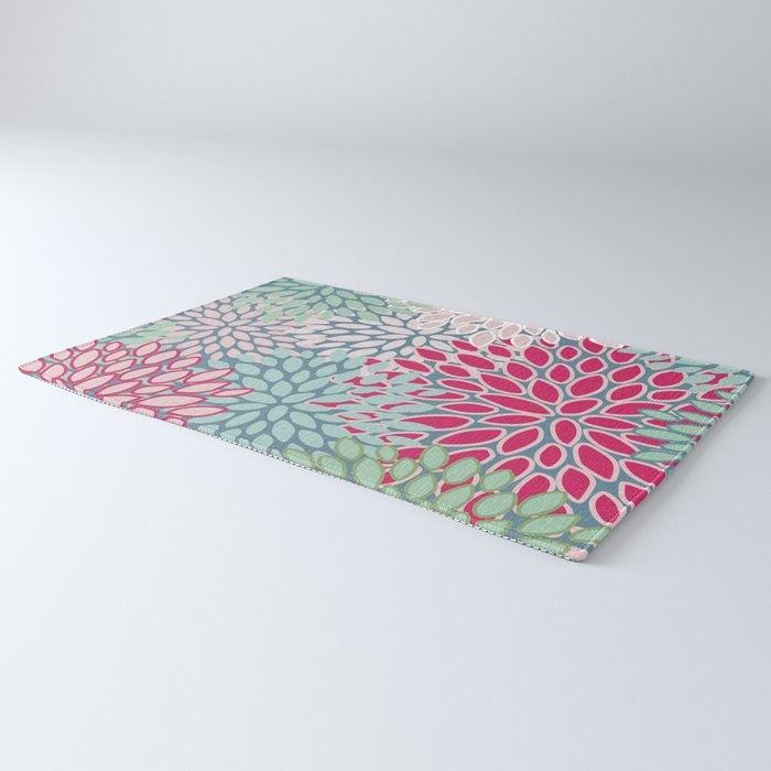 Festive, Floral Prints, Bright Pink, Teal and Green Rug Gallery Image 3