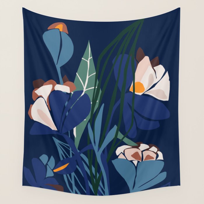 Outside at night â modern floral illustration Wall Tapestry Gallery Image 1