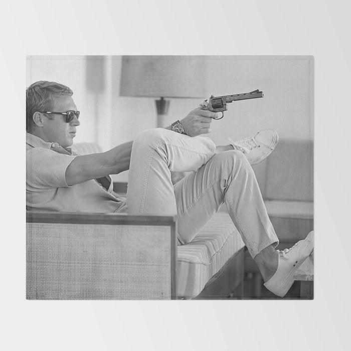 Steve McQueen, Gun, Sunglasses, Retro, Black and White, Photograph Throw Blanket Gallery Image 2